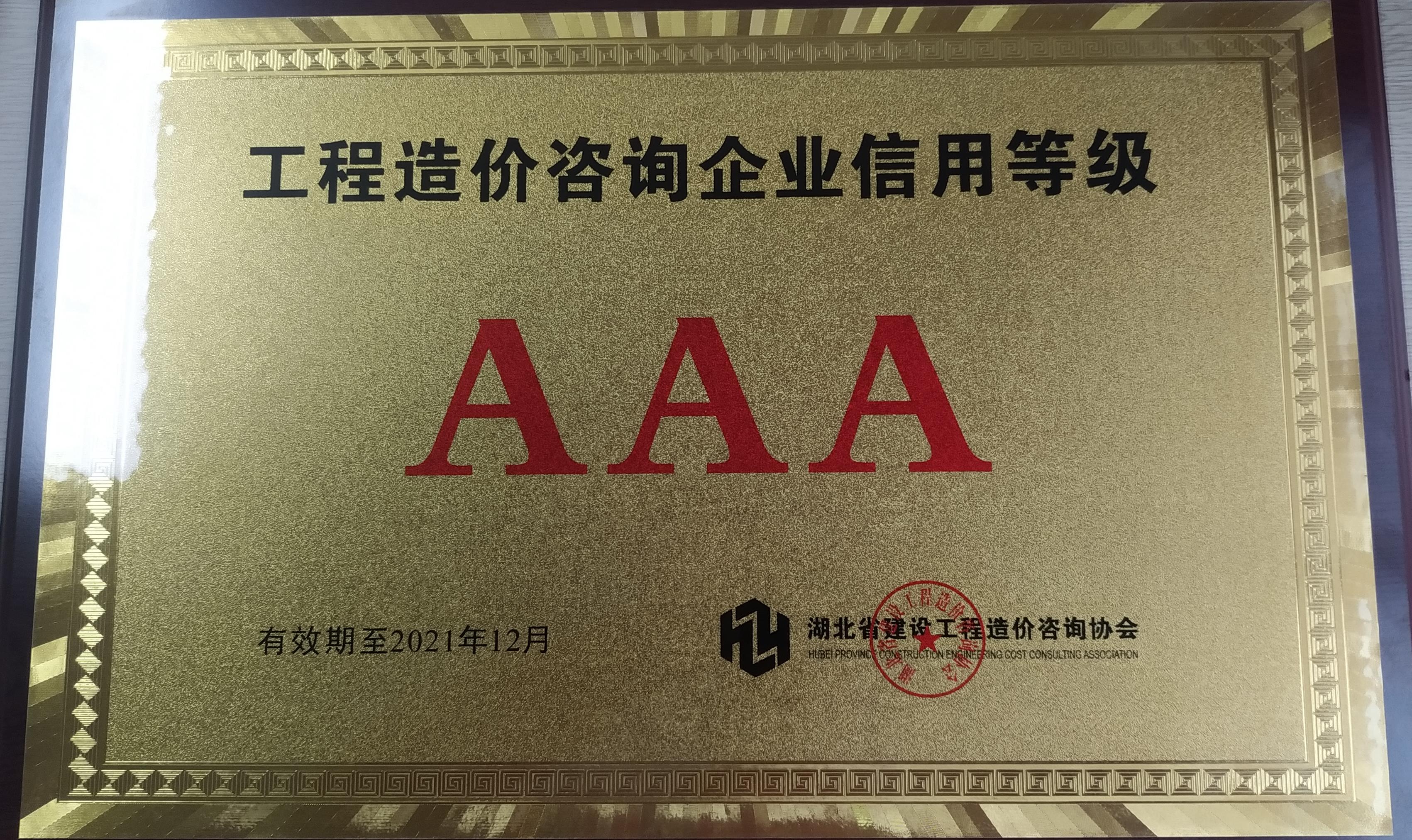 工程造價(jià)咨詢企業(yè)信用等級(jí)3A級(jí)